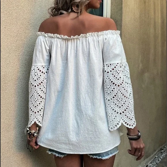 Boho Off Shoulder Eyelet Embroidery Frill Top Blouse White - Picture 2 of 15